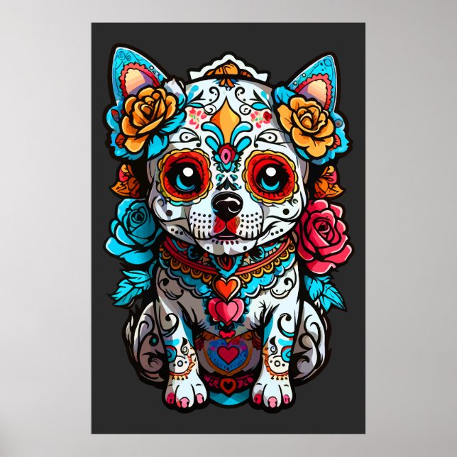 Poster Dog Sugar Skull Halloween, Dia de los Muertos (Frente)