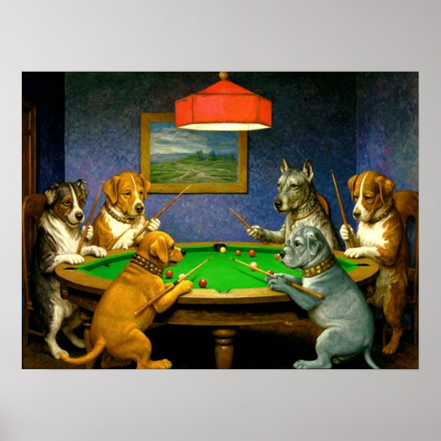 Poster Dogs Playing Snooker Billiards Fun Spoof (Frente)