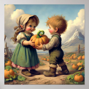 Poster Dois Adoráveis Vintage Munchkins num Pumpkin Patch
