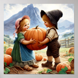 Poster Dois Adoráveis Vintage Munchkins num Pumpkin Patch