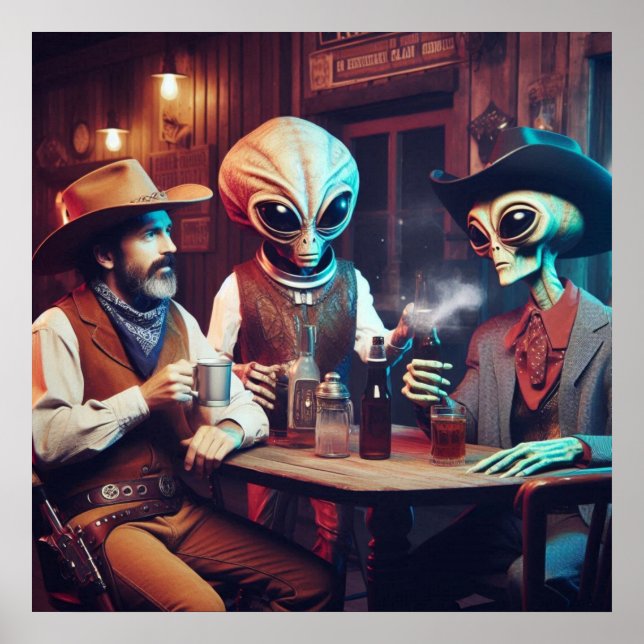 Poster Dois Alienígenas Tomando Uma Bebida Com um Vaqueir (Frente)