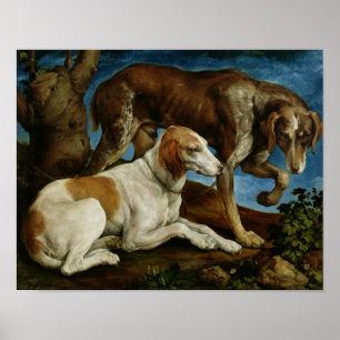 Pôster Dois cães de caça amarrados a um coto de árvore