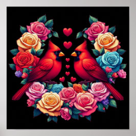 Poster Dois Cardeais com Rosas e Corações Coloridos