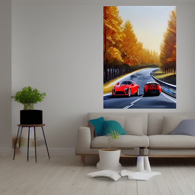 Poster Dois carros desportivos vermelhos na estrada | AI  (Criador carregado)