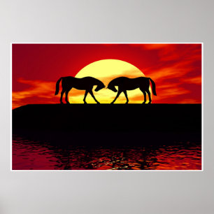 Pôster dois cavalos antes do pôr do sol