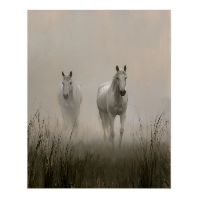 Pôster Dois Cavalos Brancos em uma Pintura de Prado Nebul (Frente)