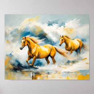 Poster Dois Cavalos Galopando Através De Água Suave