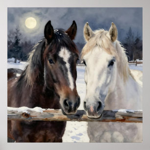 Poster Dois Cavalos numa Fazenda Nevada sob a Lua