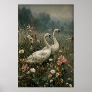 Poster Dois Cisnes Arte Antiga Imprimível, Flor de Cisne