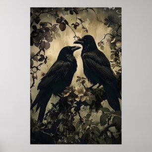 Poster Dois corvos em floresta floral sombria impressa, c