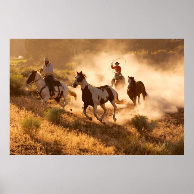 Poster Dois cowboys ocidentais andando a cavalo, a papar  (Frente)