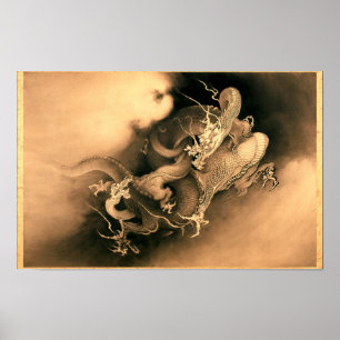 Poster Dois dragões em nuvens (1885) por Kanō Hōgai