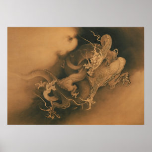 Poster Dois Dragões nas Nuvens Vintage Japonês