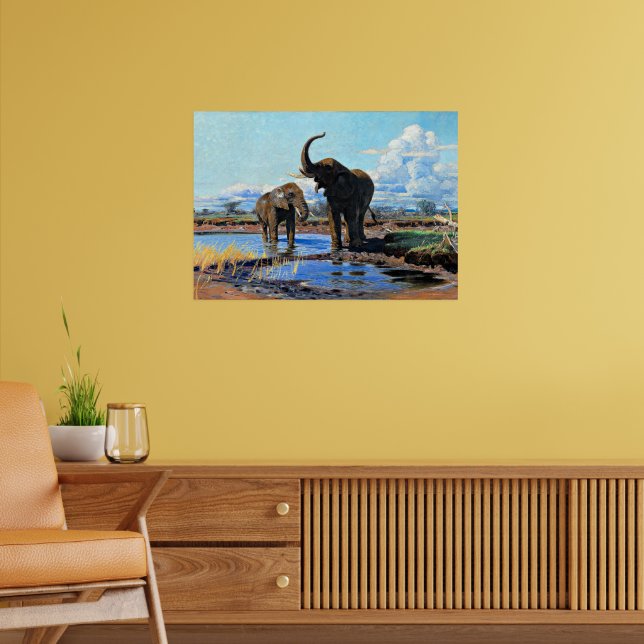 Poster Dois Elefantes Africanos no Poço de Água (Sala de Estar 2)