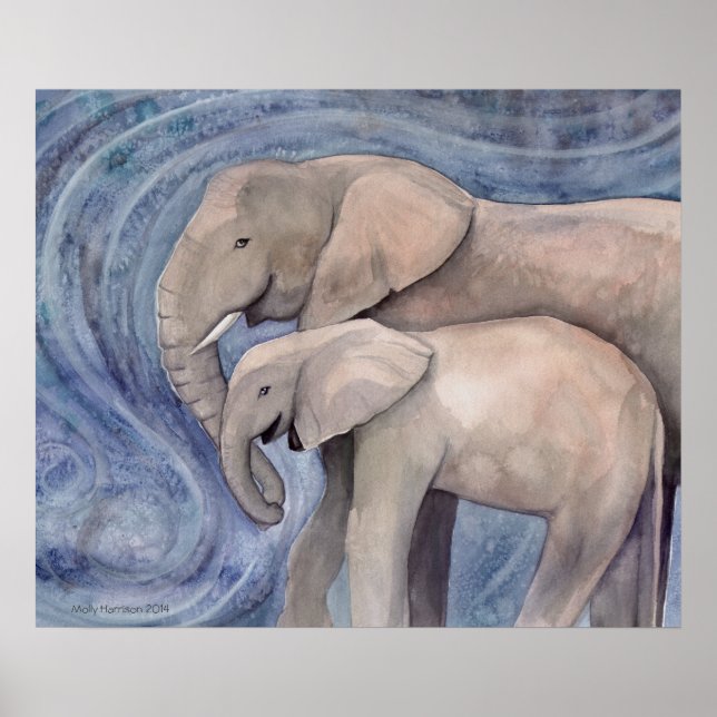 Pôster Dois Elefantes Paintagem com Aquarela (Frente)