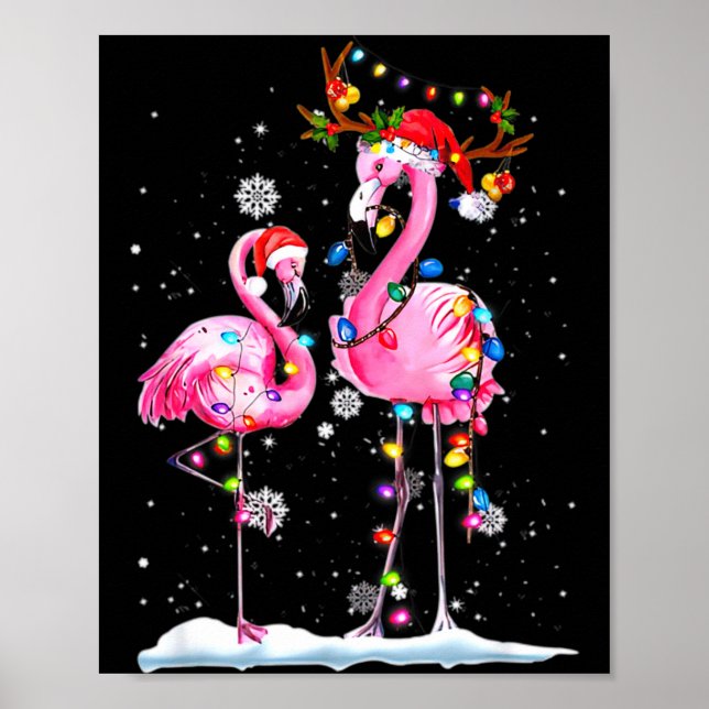 Poster Dois Flamingo Com Chapéu De Papai Noel E Luzes Ale (Frente)