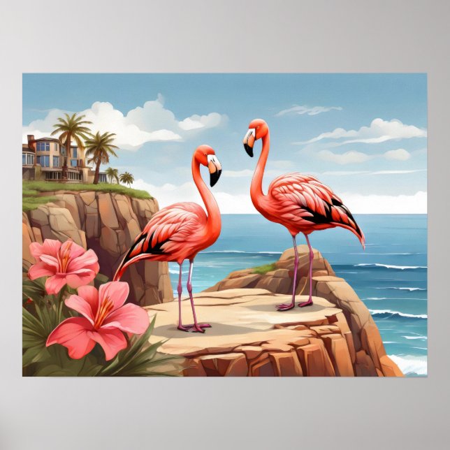 Poster Dois flamingos num penhasco (Frente)