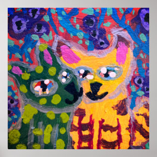 Poster dois gatos coloridos se beijando em frente a flore