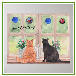 Poster Dois Gatos nas Flores de Sereno Cênico da Janela