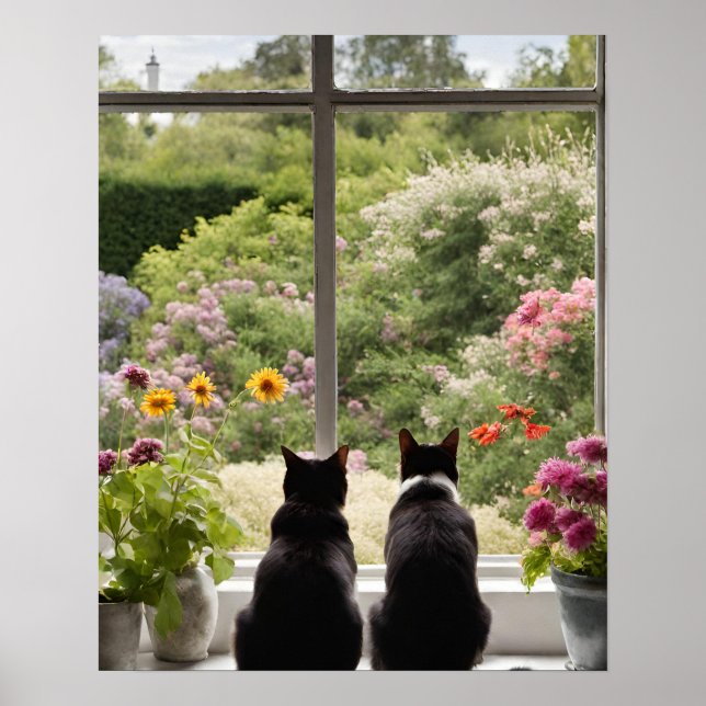 Poster Dois gatos olhando pela janela Wall Art (Frente)