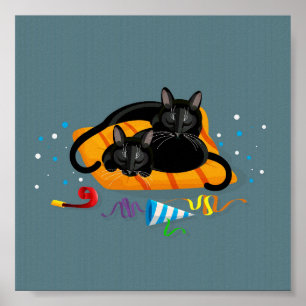 Poster Dois gatos pretos geométricos dormindo após a fest