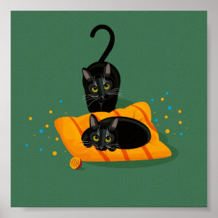Poster Dois gatos pretos geométricos um sentou na almofad