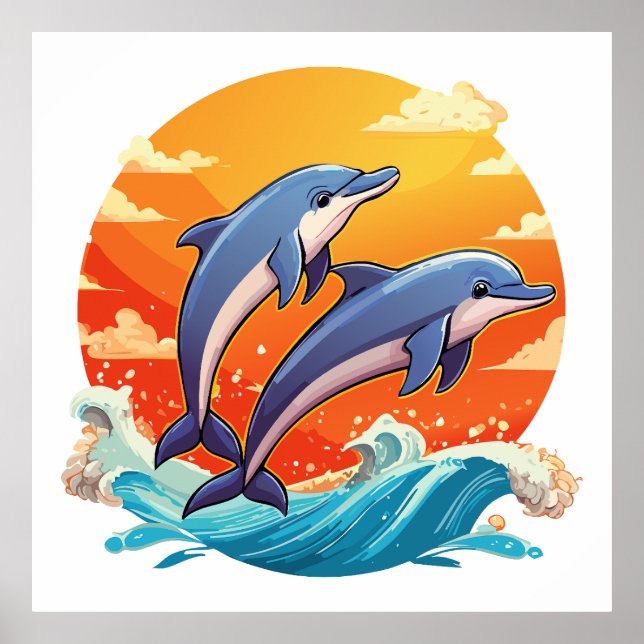 Poster Dois golfinhos de desenho animado saltando (Frente)