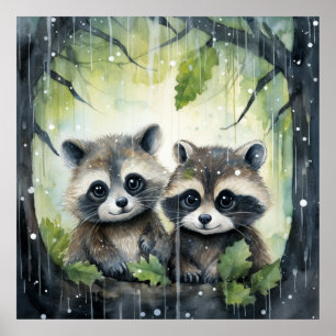 Poster Dois guaxinins bebês na chuva