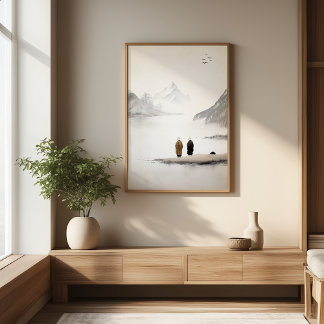 Pôster Dois Monges Zen Minimalist Ink Painting Wall Art