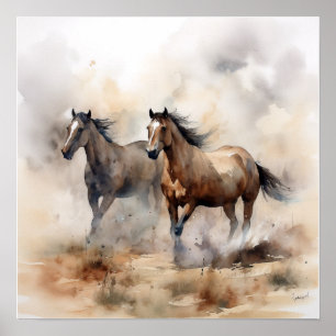 Poster "Dois Mustangs Selvagens" Dusty Western Watercolor