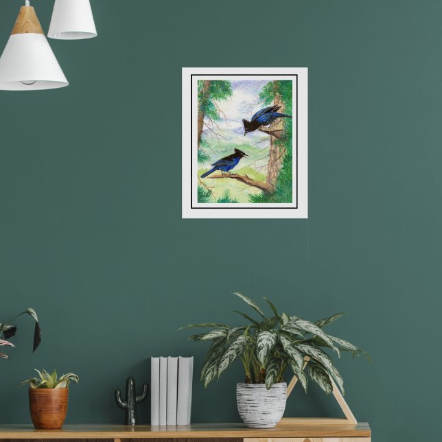 Poster Dois Pássaros Azuis Estelares Árvores da Floresta  (Sala de Estar 1)