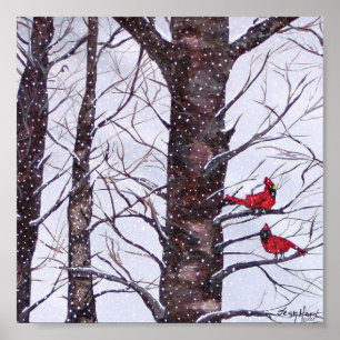 Poster Dois pássaros vermelhos no inverno