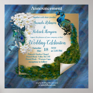 Poster Dois Peacocks na Seda Esmeralda Verde