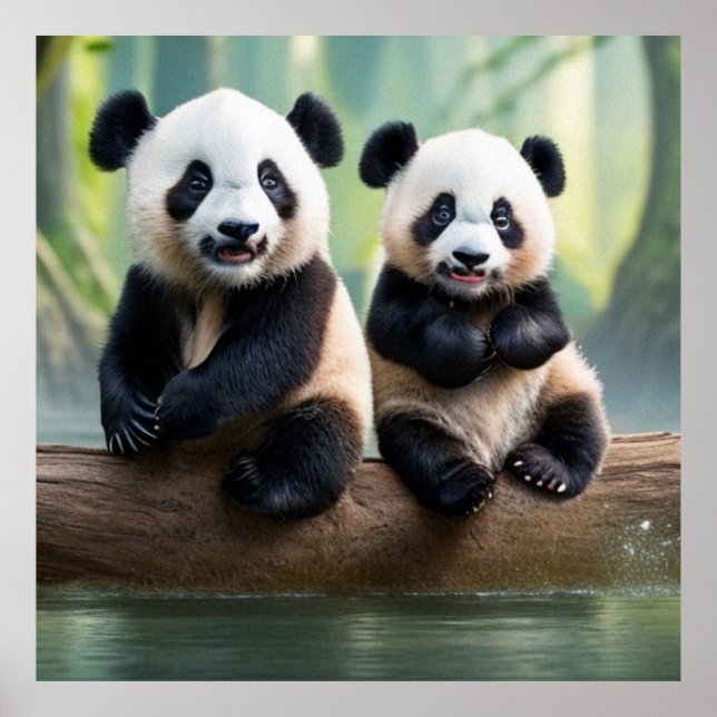 Poster Dois pequenos pandas bonitos posando para a câmera (Frente)
