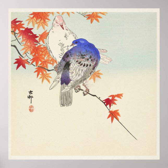 Poster Dois pombos no outono de Ohara Koson (Frente)