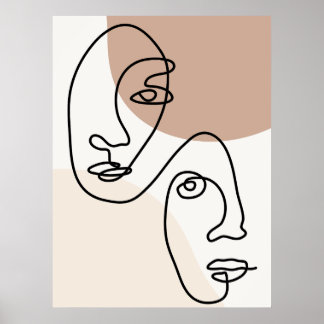 Poster Dois Rostos Castanhos Abstrato Linha Arte Versão 2