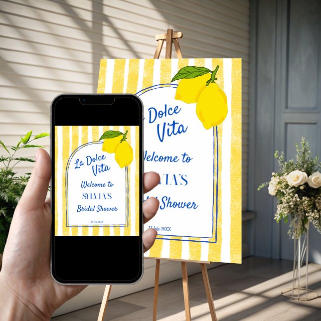 Poster Dolce vita Lemons chá de panela italiano bem-vindo (Dolce vita yellow stripes Lemons retro Italian bridal shower personalized welcome sign Poster)