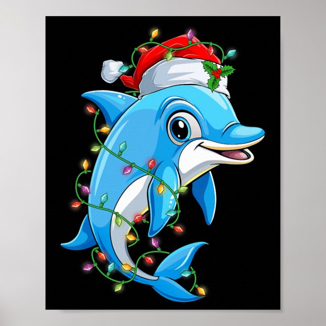 Poster Dolphin Santa Hat Árvore de Natal Engraçado Luz Xm (Frente)