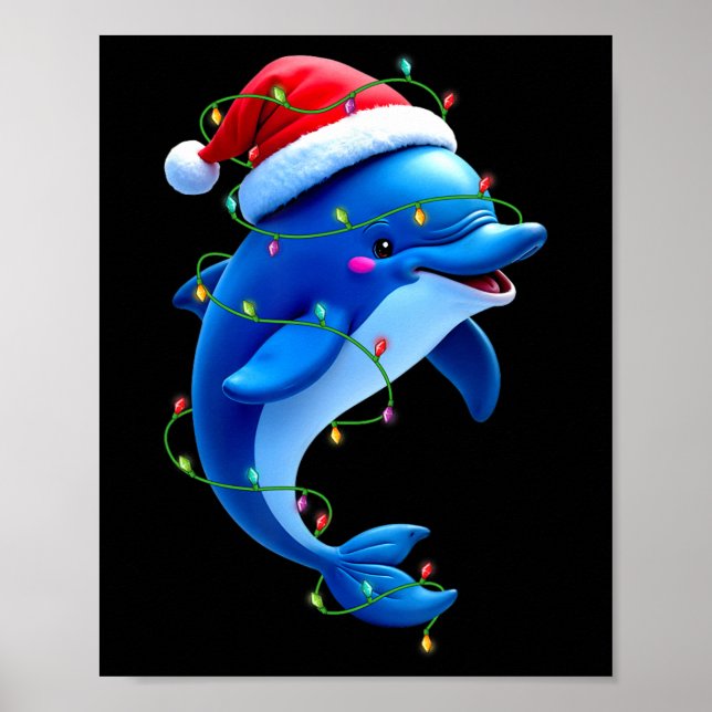 Poster Dolphin Santa Hat Árvore de Natal Engraçado Luz Xm (Frente)