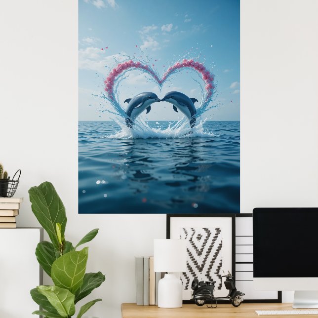 Poster Dolphins Valentine Tropical Love Heart Ocean  (Escritório em casa)