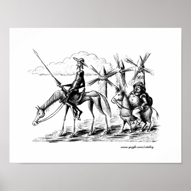 Pôster Don Quixote e Sancho Panza, pintura de caneta (Frente)