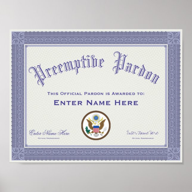 Poster Donald Trump Preemptive Pardon Certification Funny (Frente)