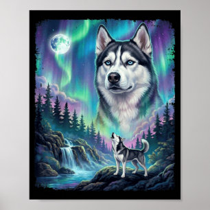 Poster Dono de Cachorro Husky Siberiano Uivando Luzes do