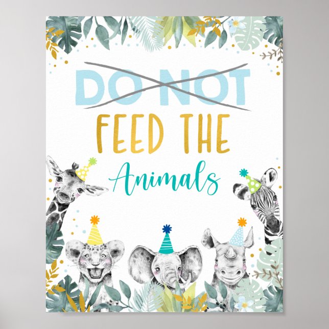 Poster Don't Feed The Animals Blue Gold Party Sign (Frente)