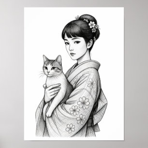 Poster Donzela Japonesa e Seu Gato