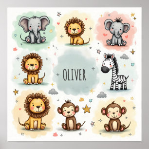 Poster Doodle de Animais de Safari em Aquarela Fofos