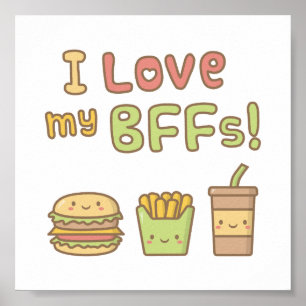 Poster Doodle de Comida Rápida Kawaii Eu Amo Meus BFFs