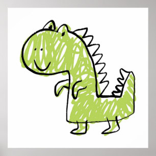 Poster Doodle de dinossauro verde sorridente Desenho para