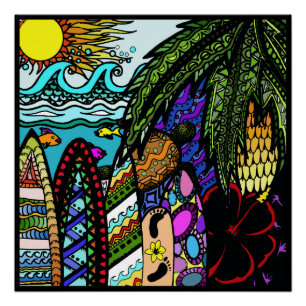 Pôster Doodle havaiano da tinta, cor