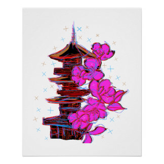 Pôster Doodle japonés: La belleza serena de una pagoda